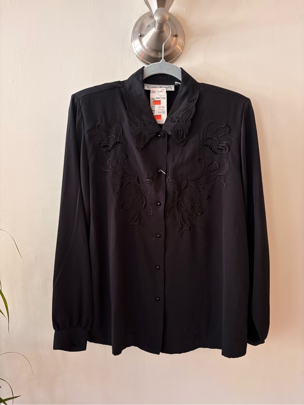 Vintage NWT Claudia Richard Black Embroidered Button-Down Blouse Size 10